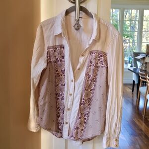 Free People White and Purple Button Down Shirt